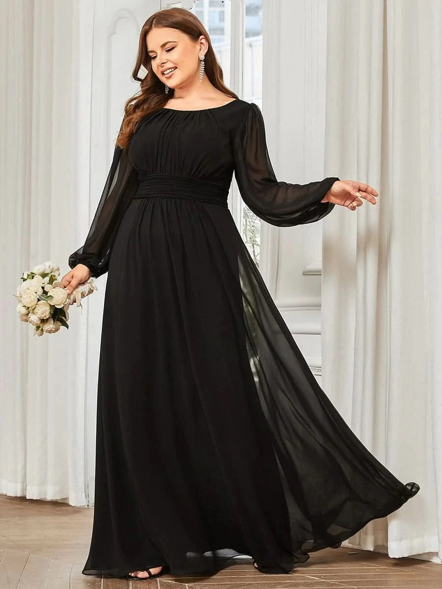 Größe Nach Maß Plus Size Rundhals Bodenlaenge Langarm Brautjungfernkleider ES0106B
