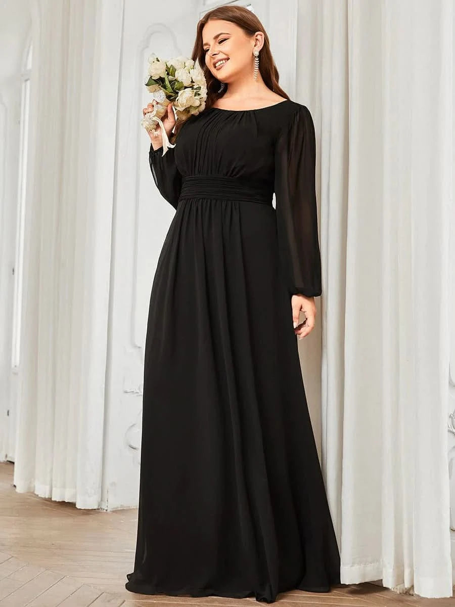 Größe Nach Maß Plus Size Rundhals Bodenlaenge Langarm Brautjungfernkleider ES0106B