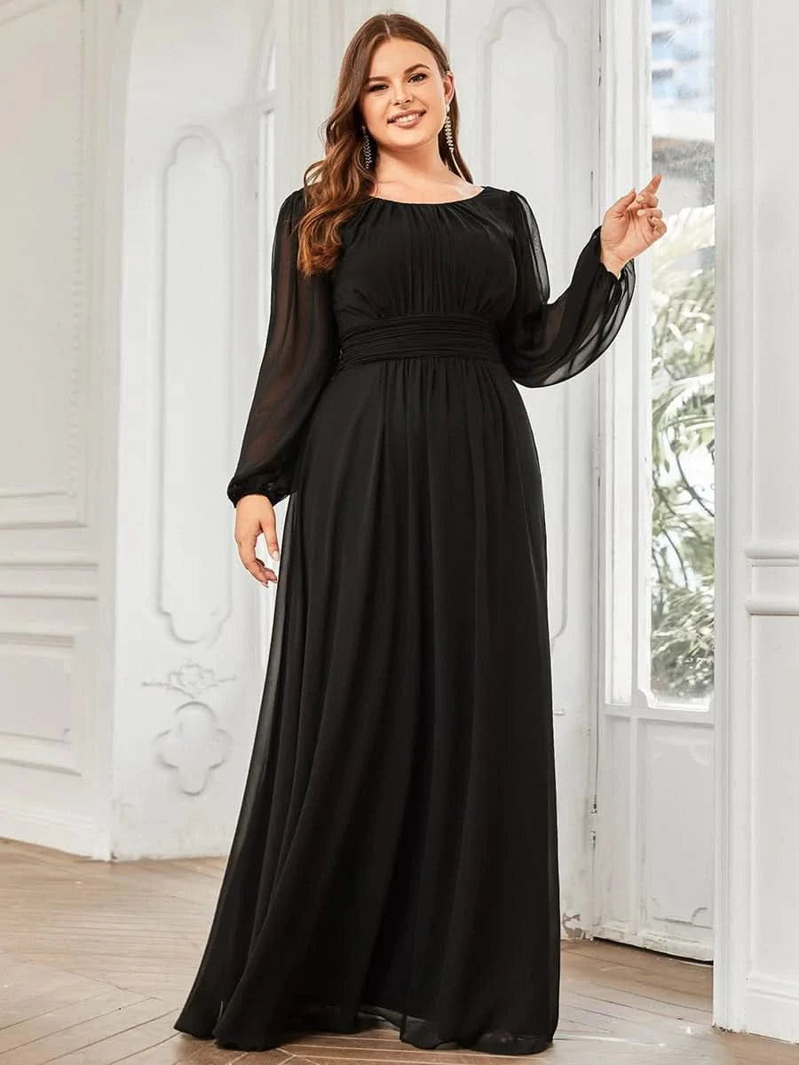 Größe Nach Maß Plus Size Rundhals Bodenlaenge Langarm Brautjungfernkleider ES0106B