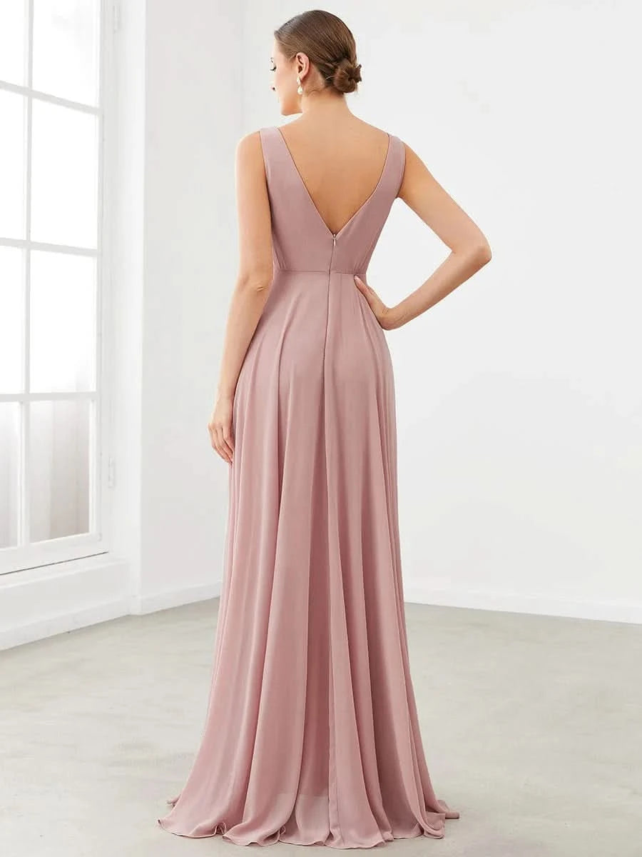 Größe Nach Maß Chiffon Sleeveless V-Ausschnitt Split Bodenlaenge Brautjungfernkleider ES0175A