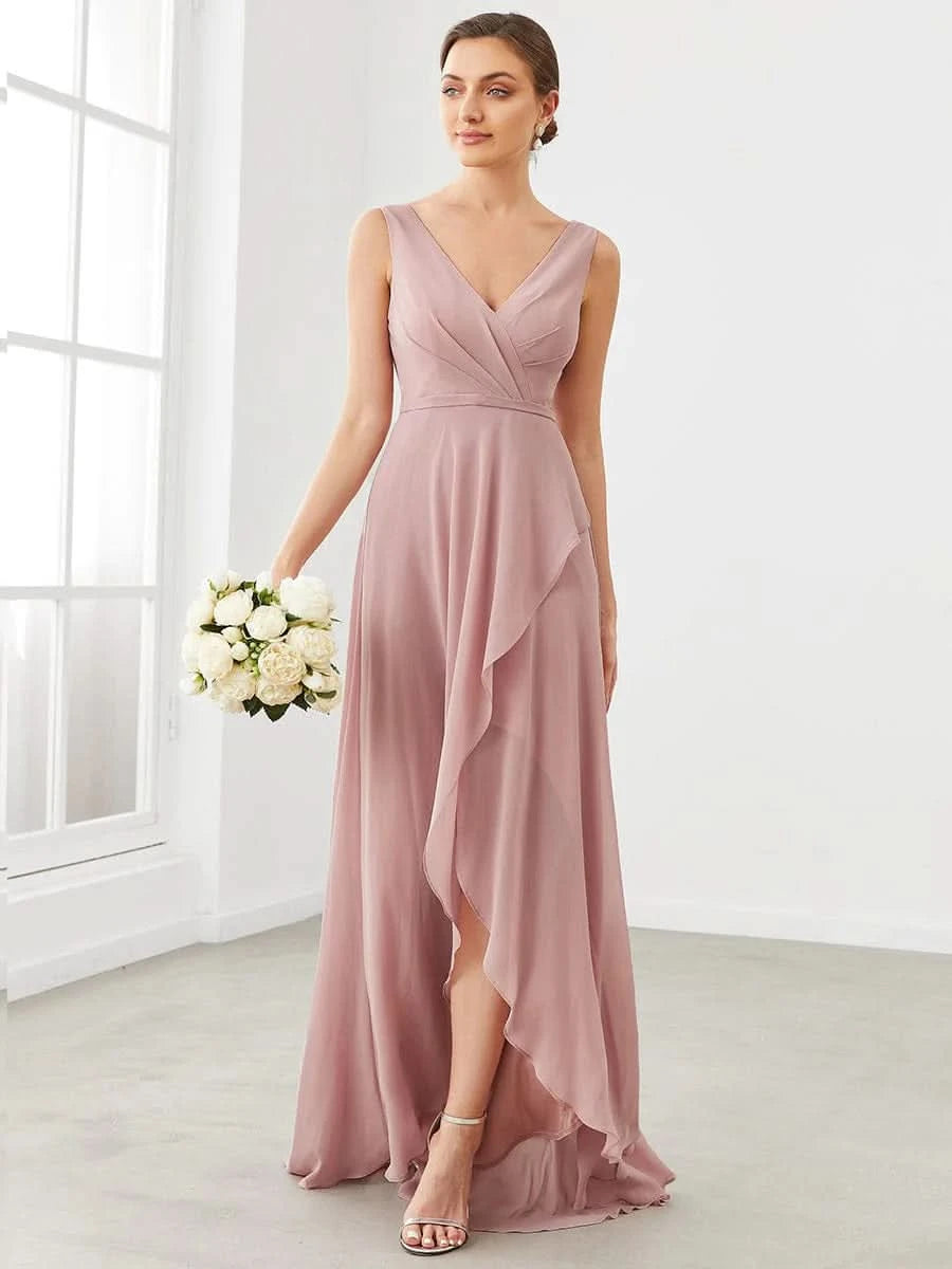 Größe Nach Maß Chiffon Sleeveless V-Ausschnitt Split Bodenlaenge Brautjungfernkleider ES0175A