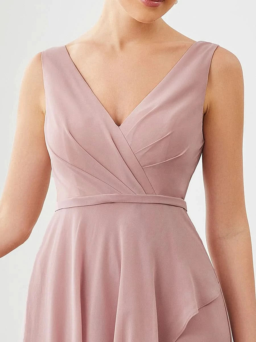 Größe Nach Maß Chiffon Sleeveless V-Ausschnitt Split Bodenlaenge Brautjungfernkleider ES0175A