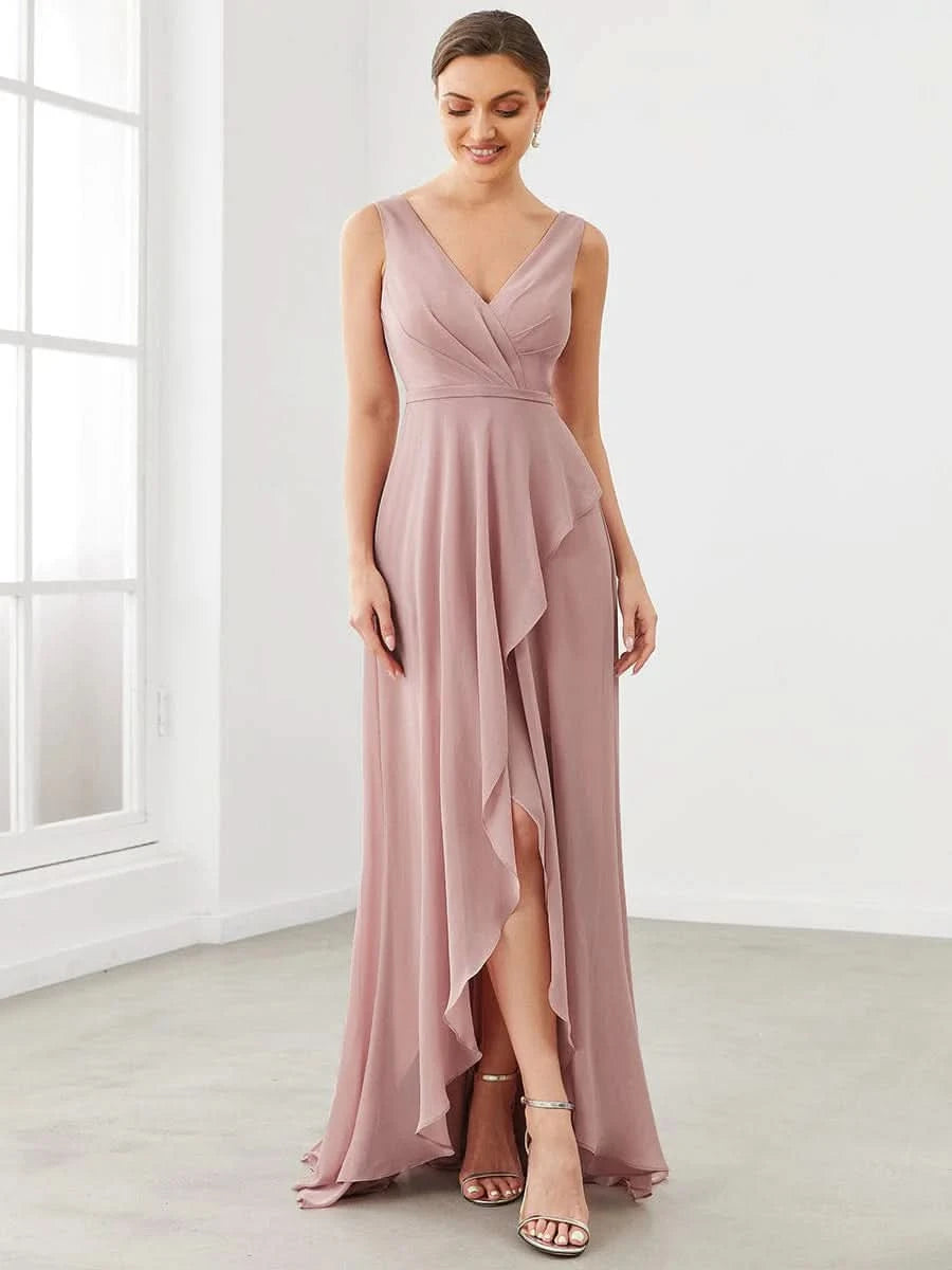 Größe Nach Maß Chiffon Sleeveless V-Ausschnitt Split Bodenlaenge Brautjungfernkleider ES0175A