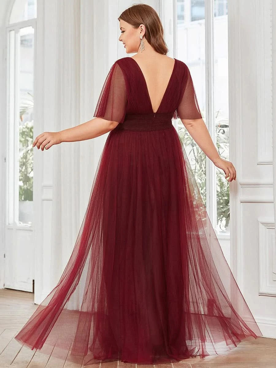 Größe Nach Maß Plissiertes A-Linien Tüll Brautjungfernkleid mit kurzen Ärmeln ES0294A