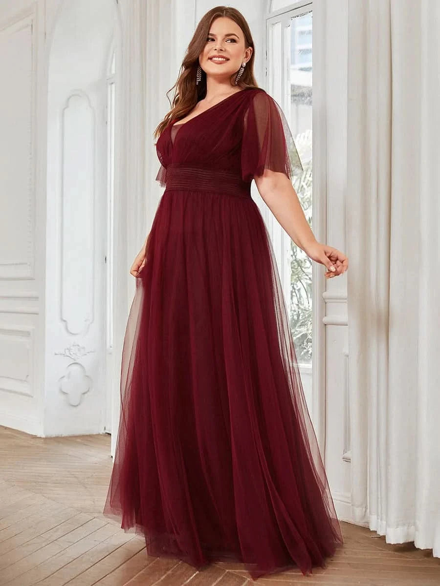 Größe Nach Maß Plissiertes A-Linien Tüll Brautjungfernkleid mit kurzen Ärmeln ES0294A