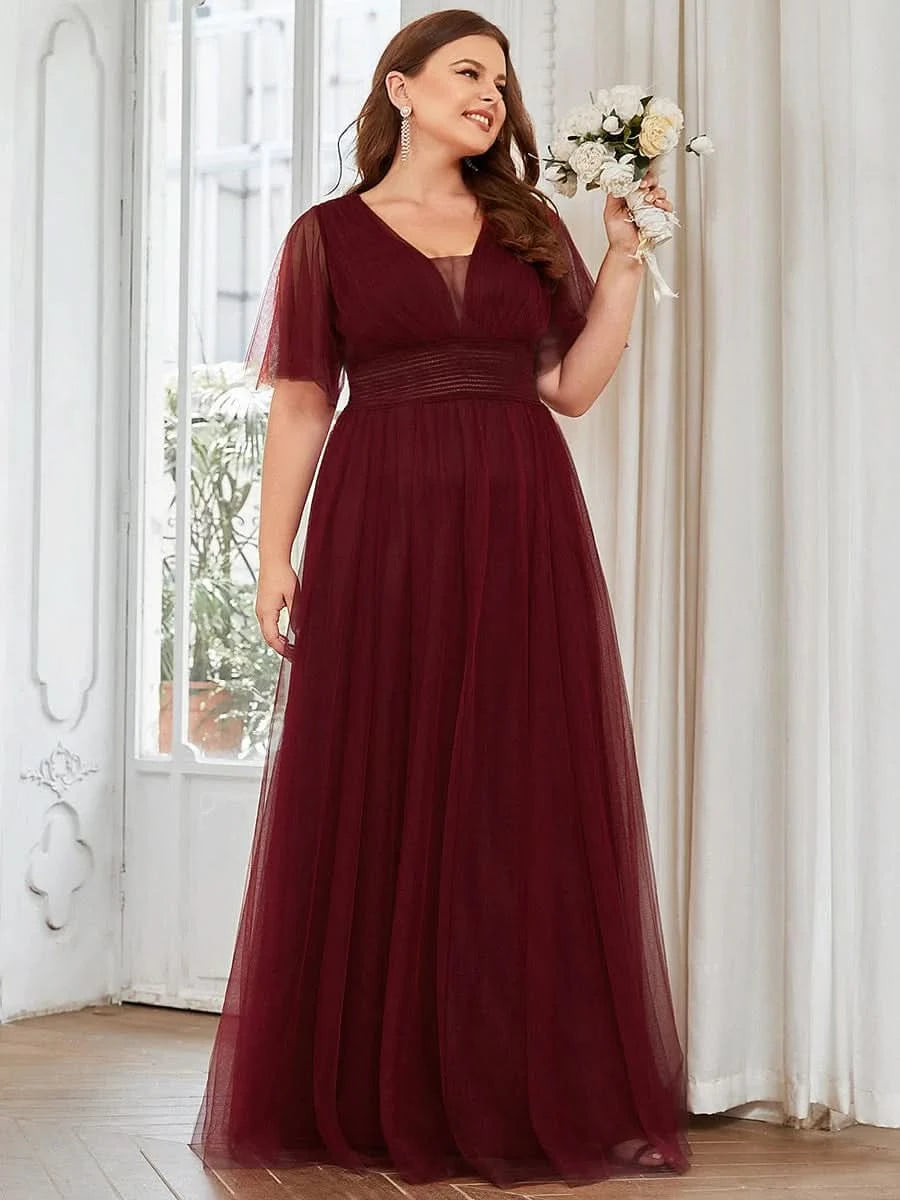 Größe Nach Maß Plissiertes A-Linien Tüll Brautjungfernkleid mit kurzen Ärmeln ES0294A