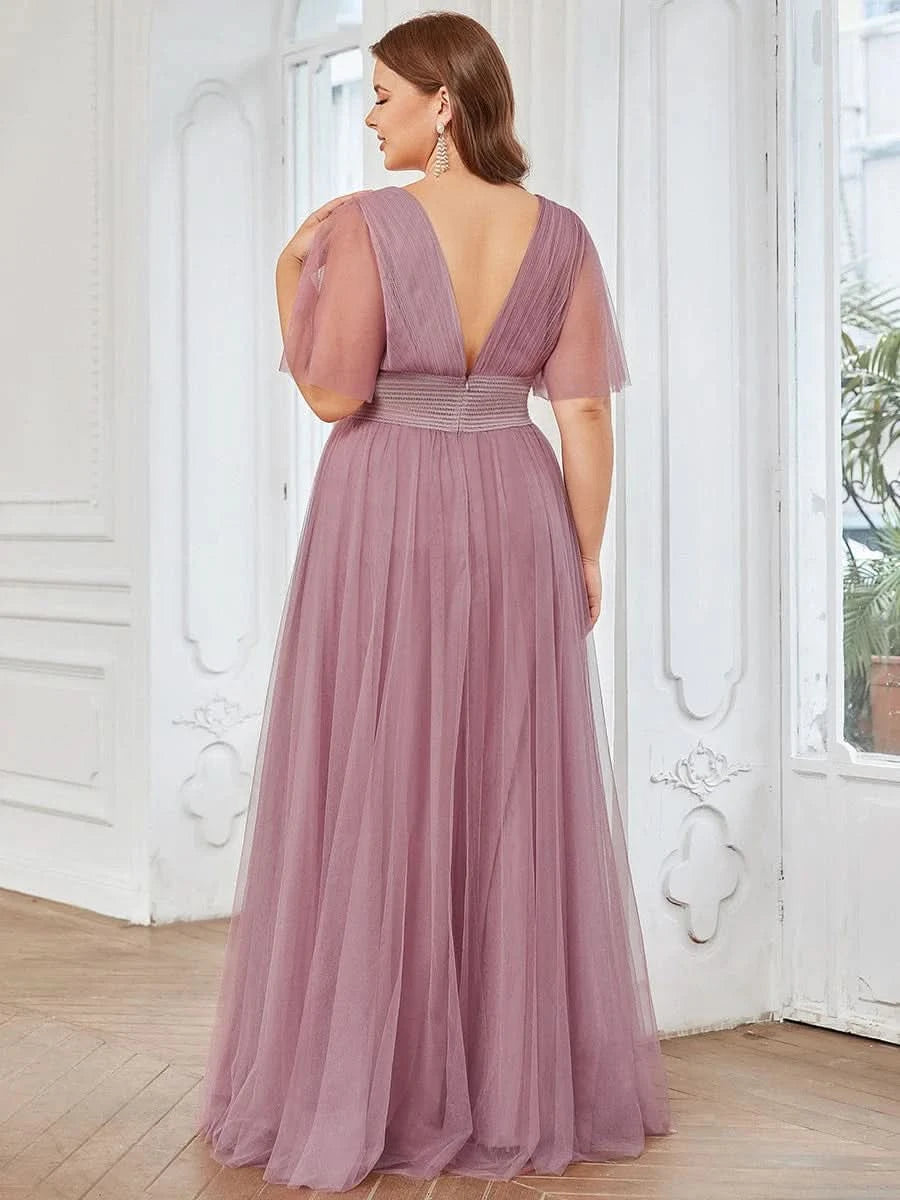 Größe Nach Maß Plissiertes A-Linien Tüll Brautjungfernkleid mit kurzen Ärmeln ES0294A