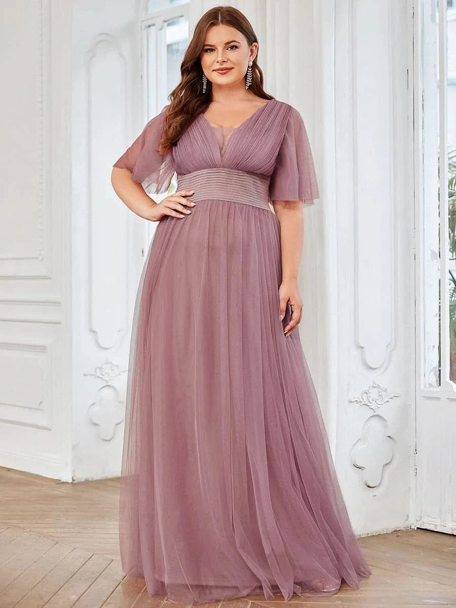 Größe Nach Maß Plissiertes A-Linien Tüll Brautjungfernkleid mit kurzen Ärmeln ES0294A