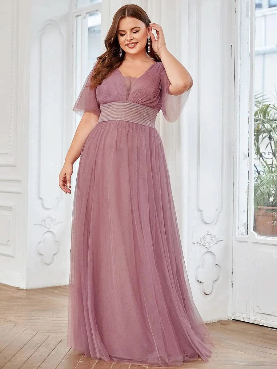 Größe Nach Maß Plissiertes A-Linien Tüll Brautjungfernkleid mit kurzen Ärmeln ES0294A