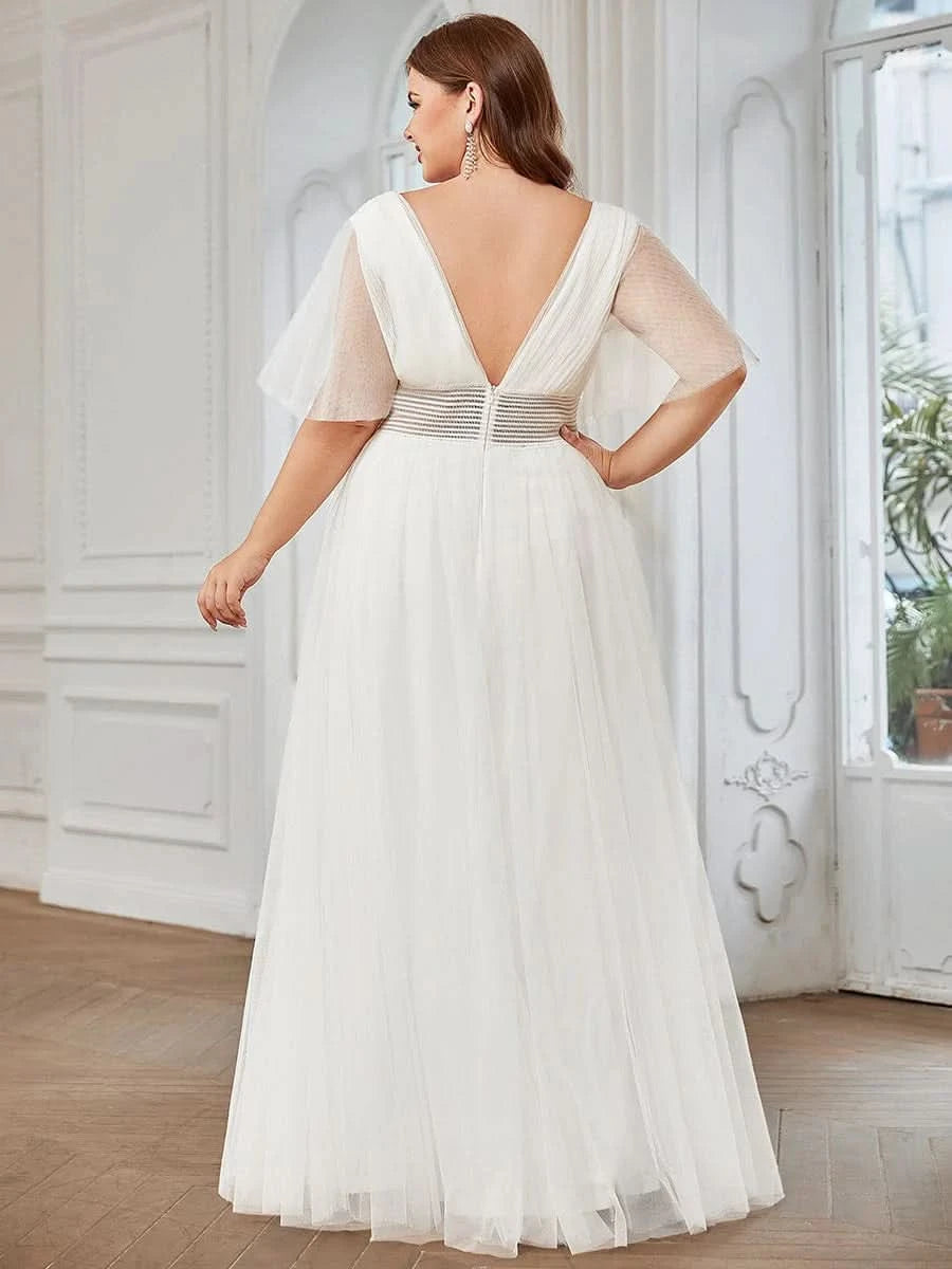 Größe Nach Maß Plissiertes A-Linien Tüll Brautjungfernkleid mit kurzen Ärmeln ES0294A