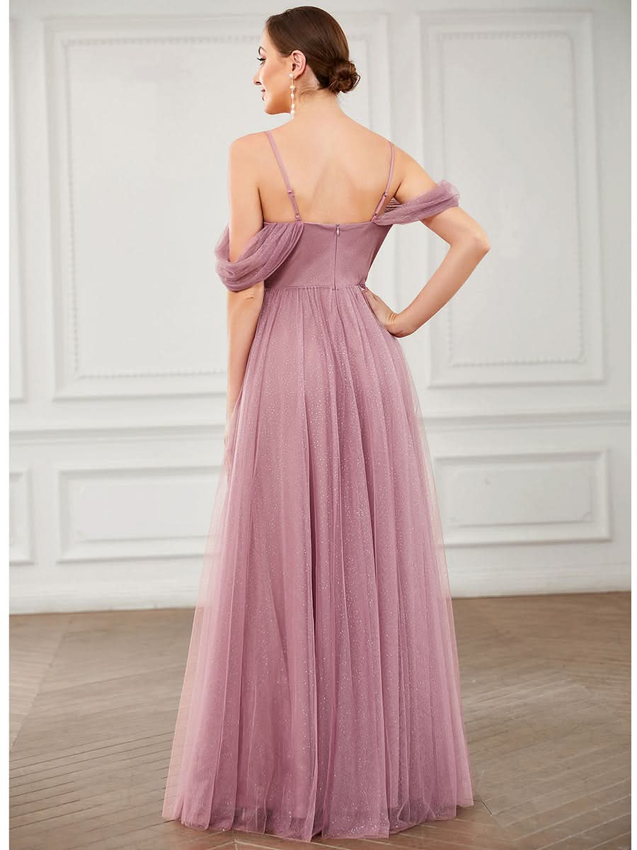 Größe Nach Maß Brautjungfernkleid aus Tüll mit herzförmigem SpaghettitrÄger und drapierten Ärmeln 0344A