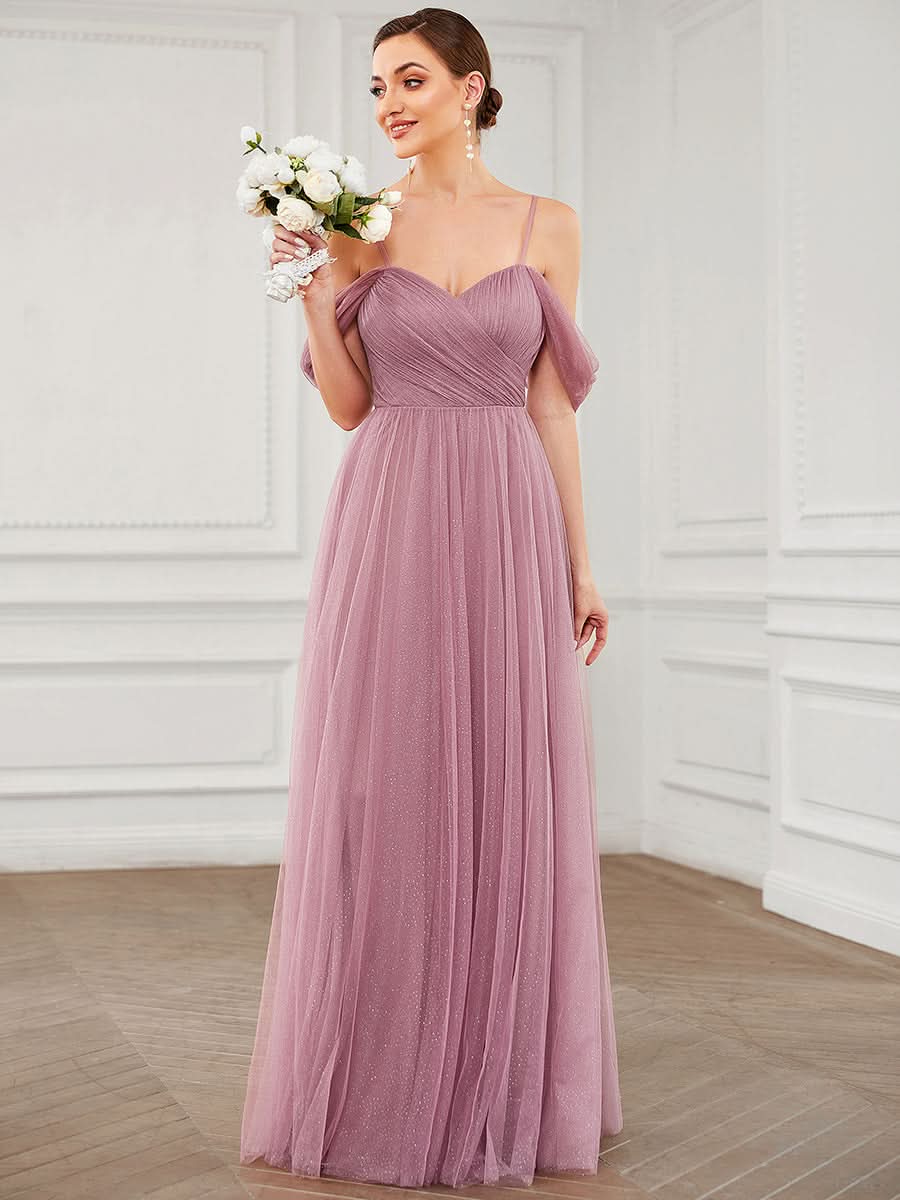 Größe Nach Maß Brautjungfernkleid aus Tüll mit herzförmigem SpaghettitrÄger und drapierten Ärmeln 0344A