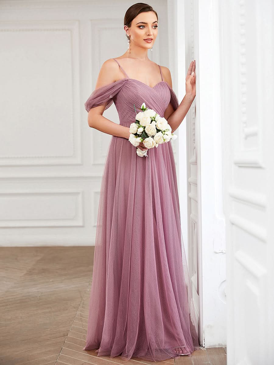 Größe Nach Maß Brautjungfernkleid aus Tüll mit herzförmigem SpaghettitrÄger und drapierten Ärmeln 0344A