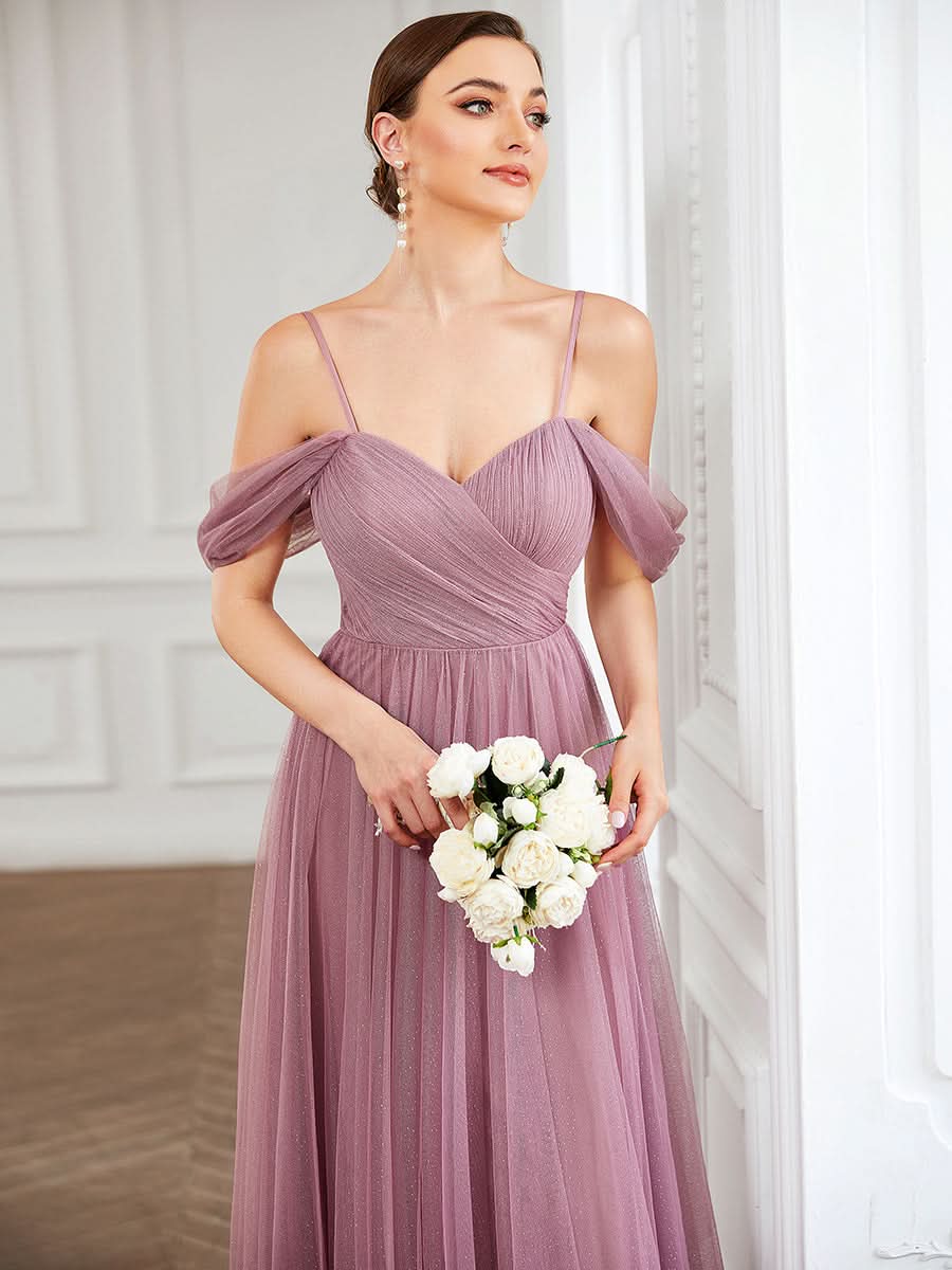 Größe Nach Maß Brautjungfernkleid aus Tüll mit herzförmigem SpaghettitrÄger und drapierten Ärmeln 0344A