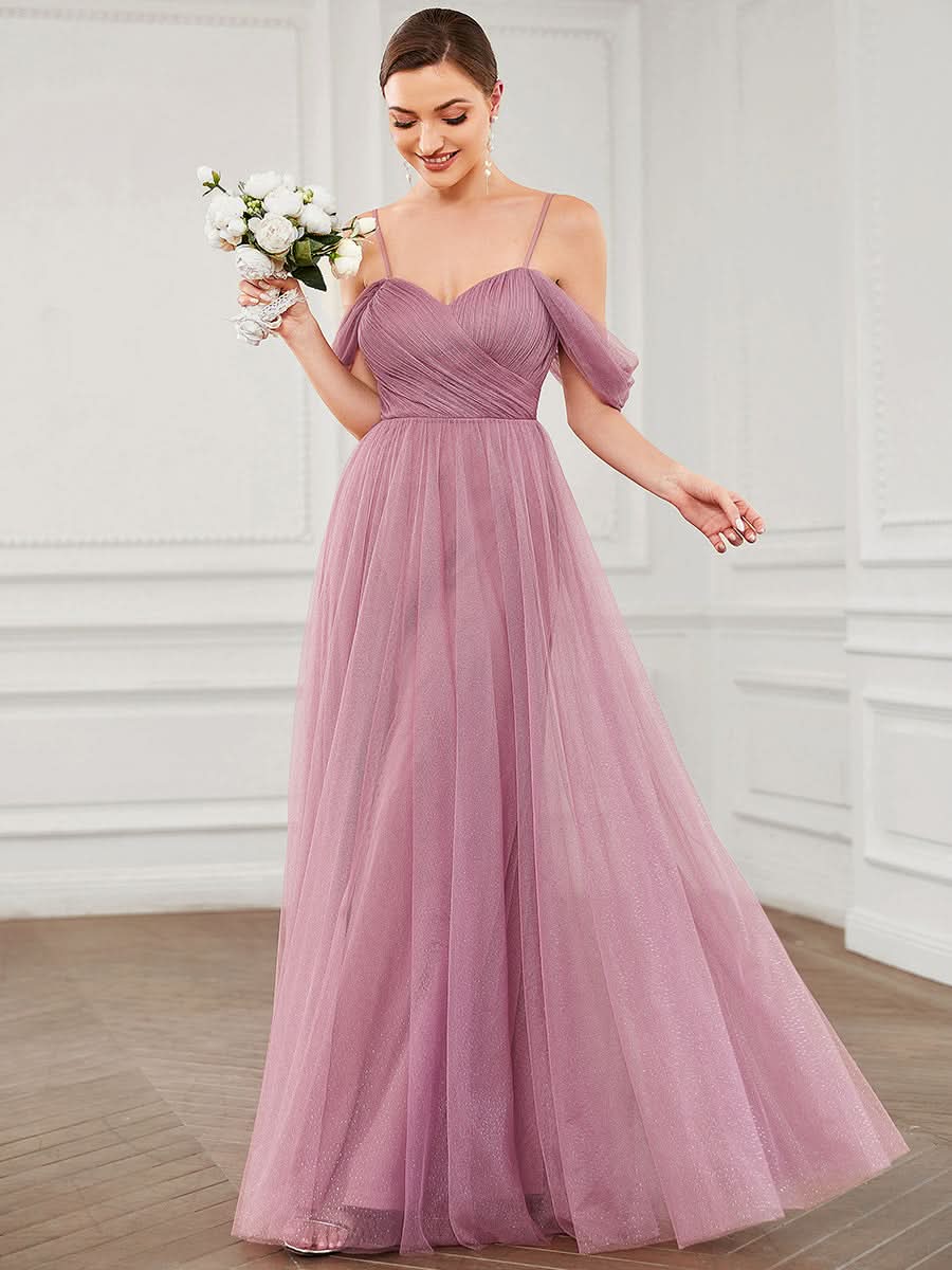 Größe Nach Maß Brautjungfernkleid aus Tüll mit herzförmigem SpaghettitrÄger und drapierten Ärmeln 0344A