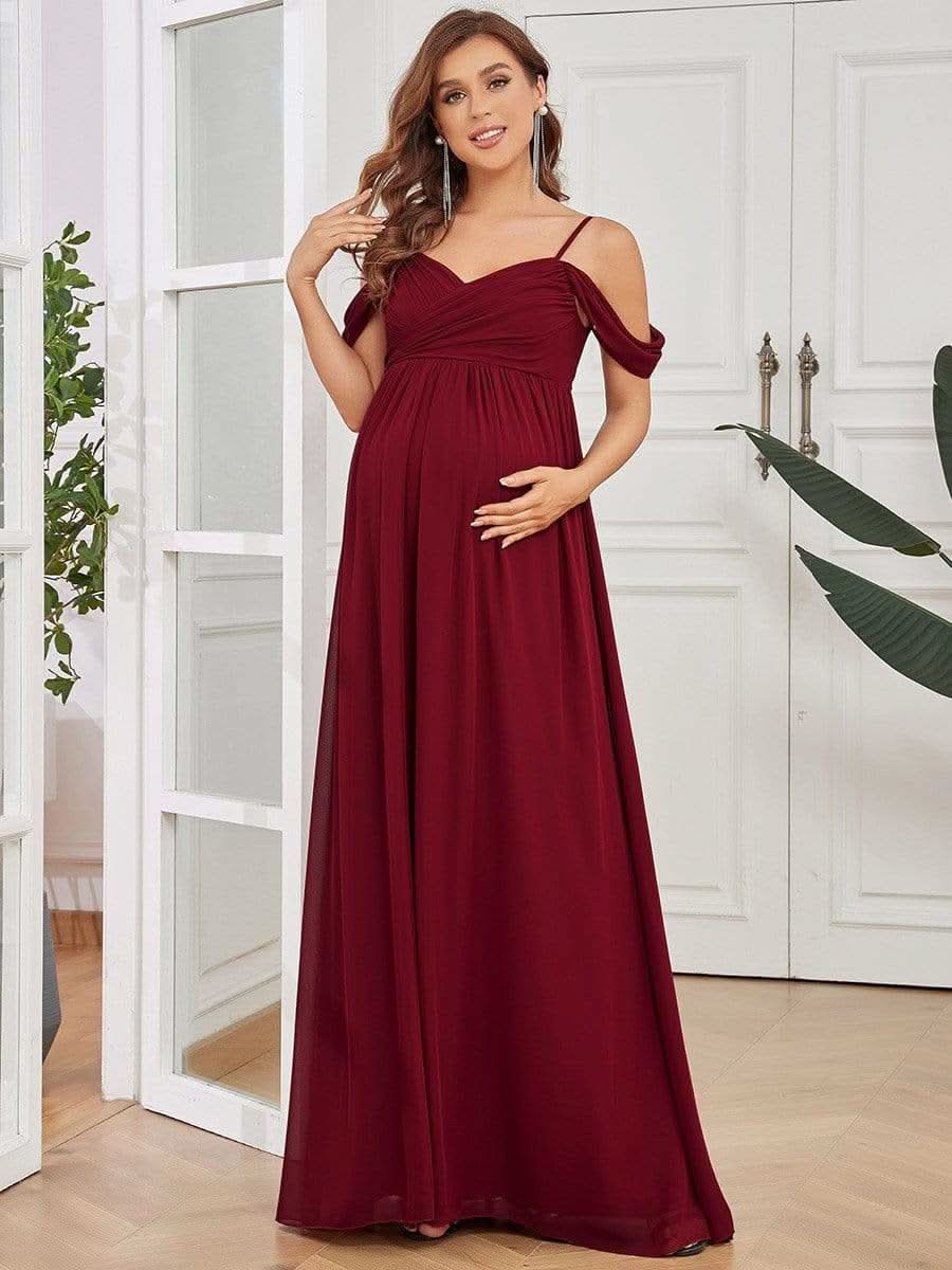 Color=Burgundy | Schulterfreies Maxi-Umstandskleid mit SpaghettitrÄgern-Burgundy 1