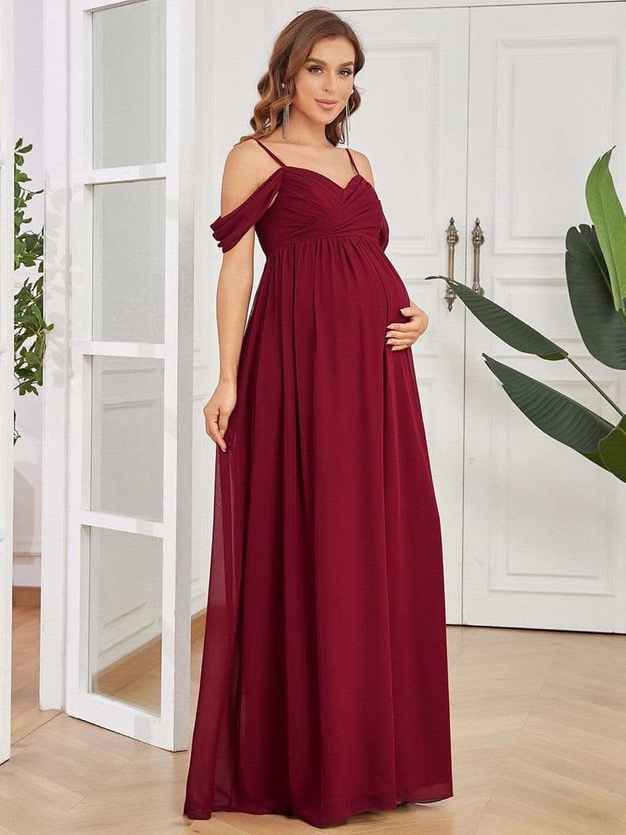 Color=Burgundy | Schulterfreies Maxi-Umstandskleid mit SpaghettitrÄgern-Burgundy 3