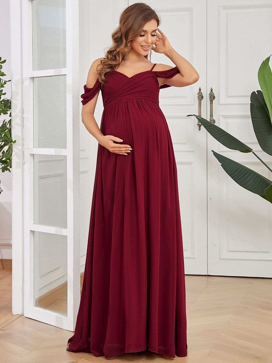 Color=Burgundy | Schulterfreies Maxi-Umstandskleid mit SpaghettitrÄgern-Burgundy 4