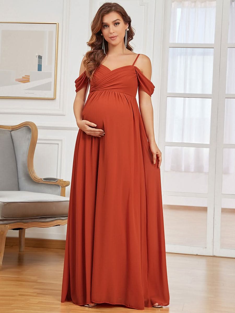 Color=Gebrannte Orange | Schulterfreies Maxi-Umstandskleid mit SpaghettitrÄgern-Gebrannte Orange 1