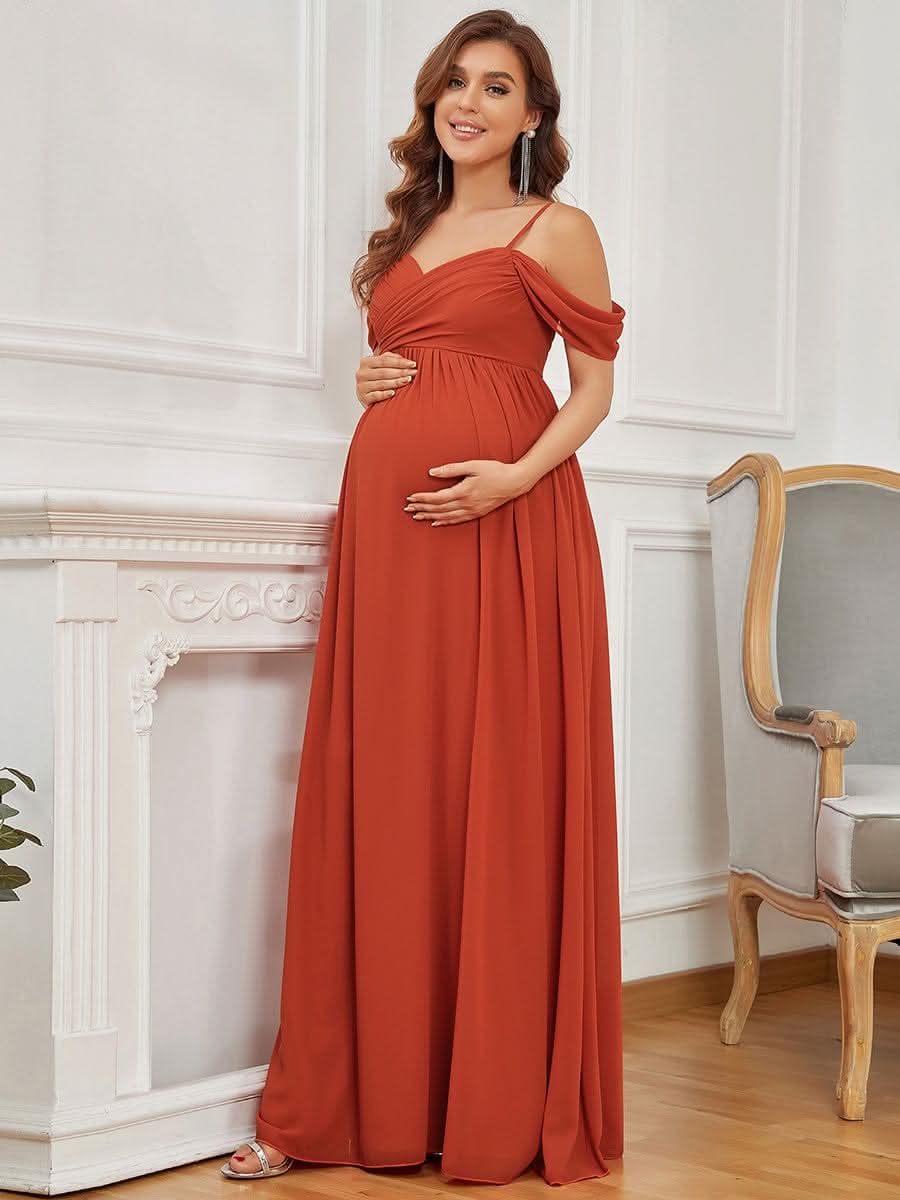 Color=Gebrannte Orange | Schulterfreies Maxi-Umstandskleid mit SpaghettitrÄgern-Gebrannte Orange 3