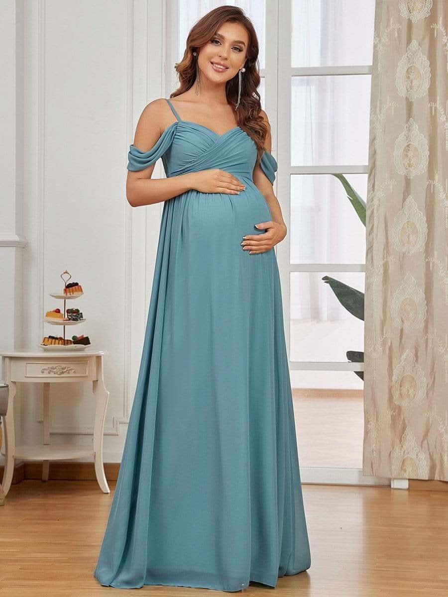 Color=Dusty Blau | Schulterfreies Maxi-Umstandskleid mit SpaghettitrÄgern-Dusty Blau 1