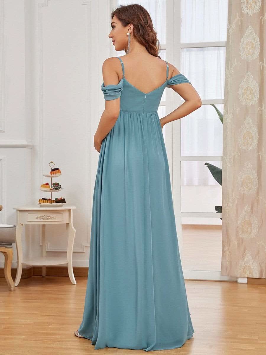 Color=Dusty Blau | Schulterfreies Maxi-Umstandskleid mit SpaghettitrÄgern-Dusty Blau 2