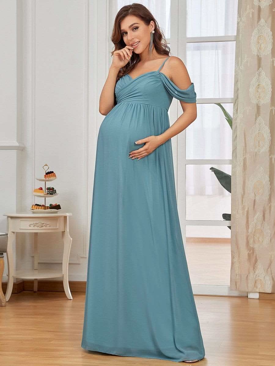 Color=Dusty Blau | Schulterfreies Maxi-Umstandskleid mit SpaghettitrÄgern-Dusty Blau 3