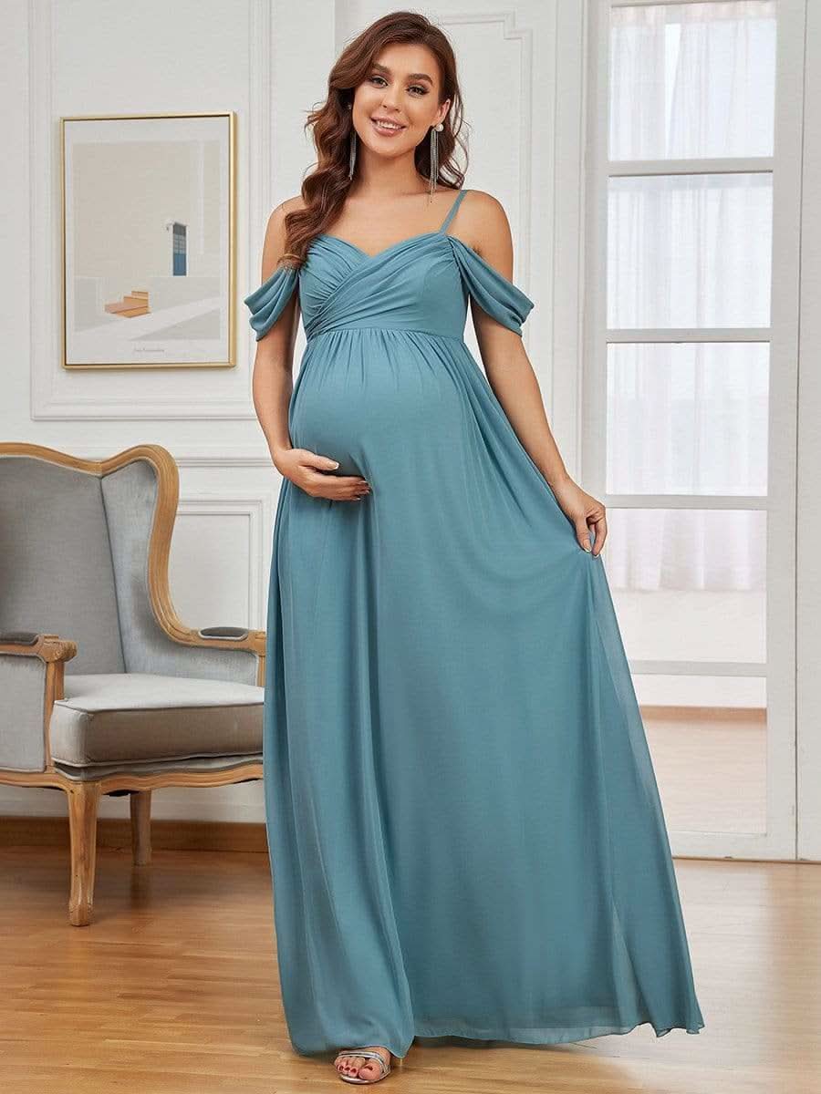 Color=Dusty Blau | Schulterfreies Maxi-Umstandskleid mit SpaghettitrÄgern-Dusty Blau 4