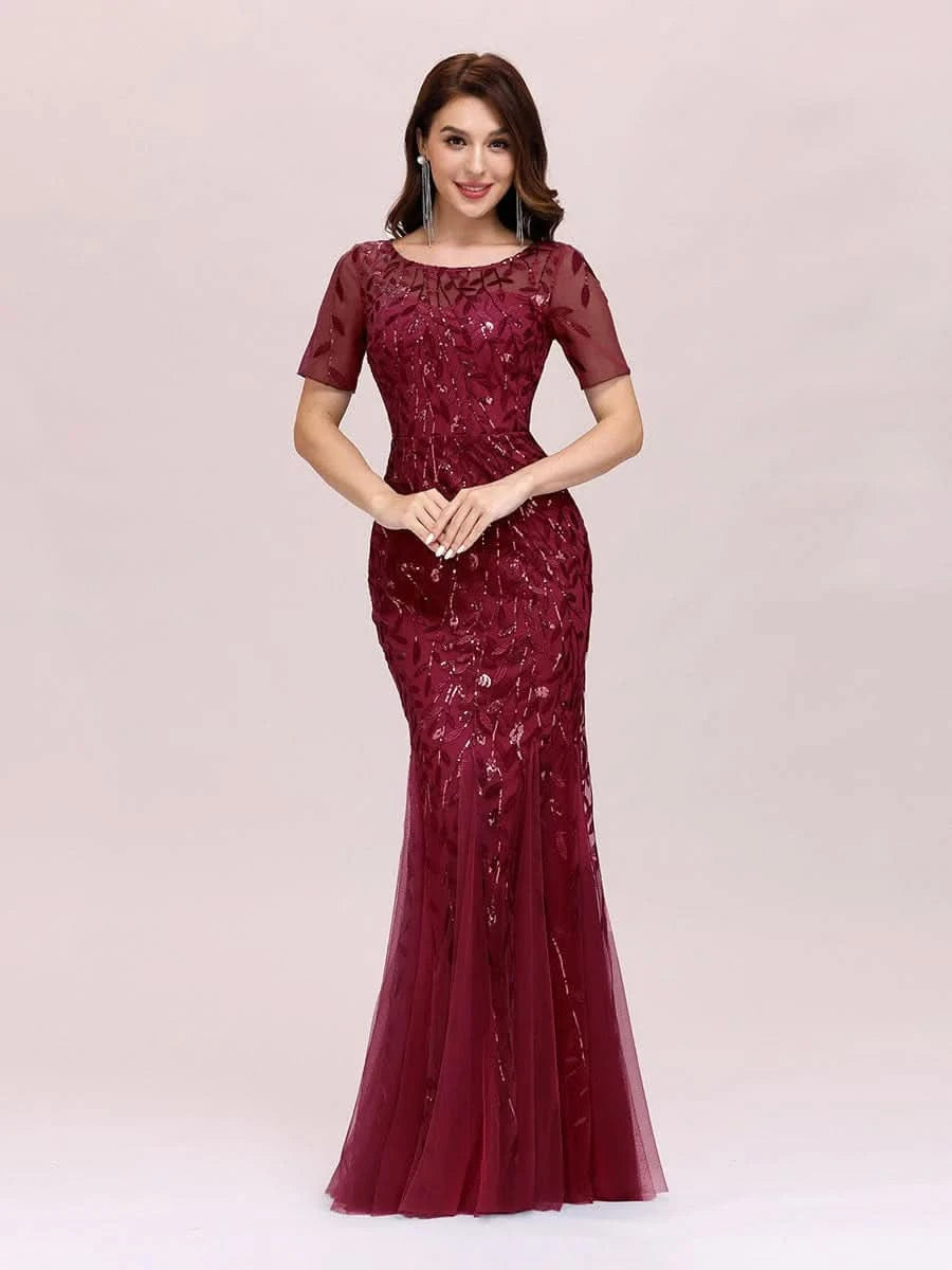 Color=Burgundy | Frauen Floral Pailletten Print Fishtail Tüll Kleider Ez07707-Burgundy 1