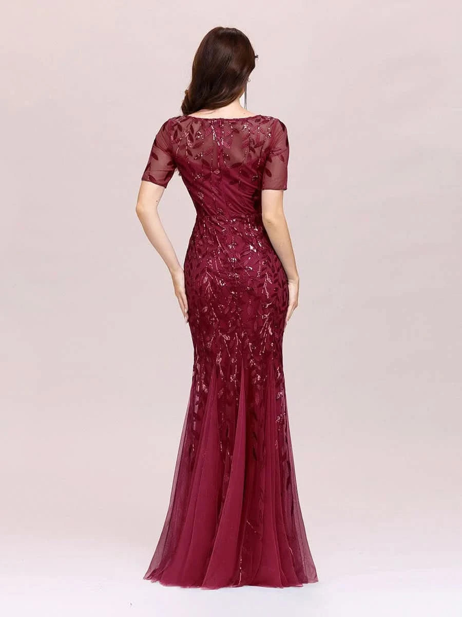 Color=Burgundy | Frauen Floral Pailletten Print Fishtail Tüll Kleider Ez07707-Burgundy 2