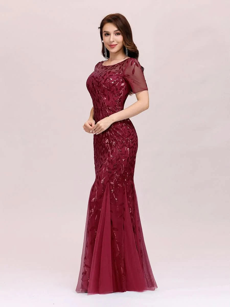 Color=Burgundy | Frauen Floral Pailletten Print Fishtail Tüll Kleider Ez07707-Burgundy 3