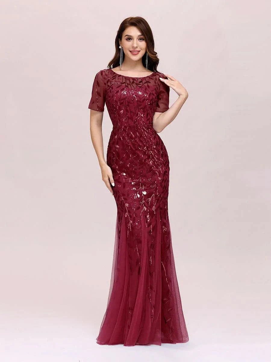 Color=Burgundy | Frauen Floral Pailletten Print Fishtail Tüll Kleider Ez07707-Burgundy 4