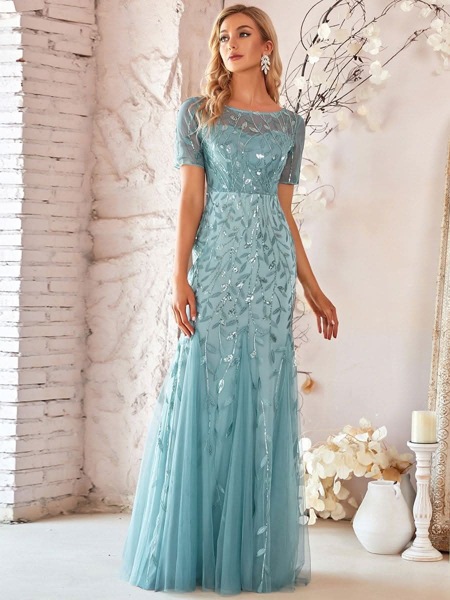 Color=Dusty Blau | Frauen Floral Pailletten Print Fishtail Tüll Kleider Ez07707-Dusty Blau 4