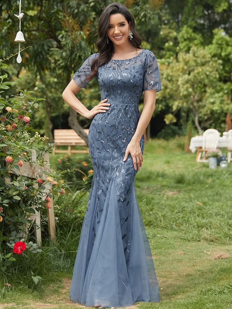 Color=Dusty Navy | Frauen Floral Pailletten Print Fishtail Tüll Kleider Ez07707-Dusty Navy 1