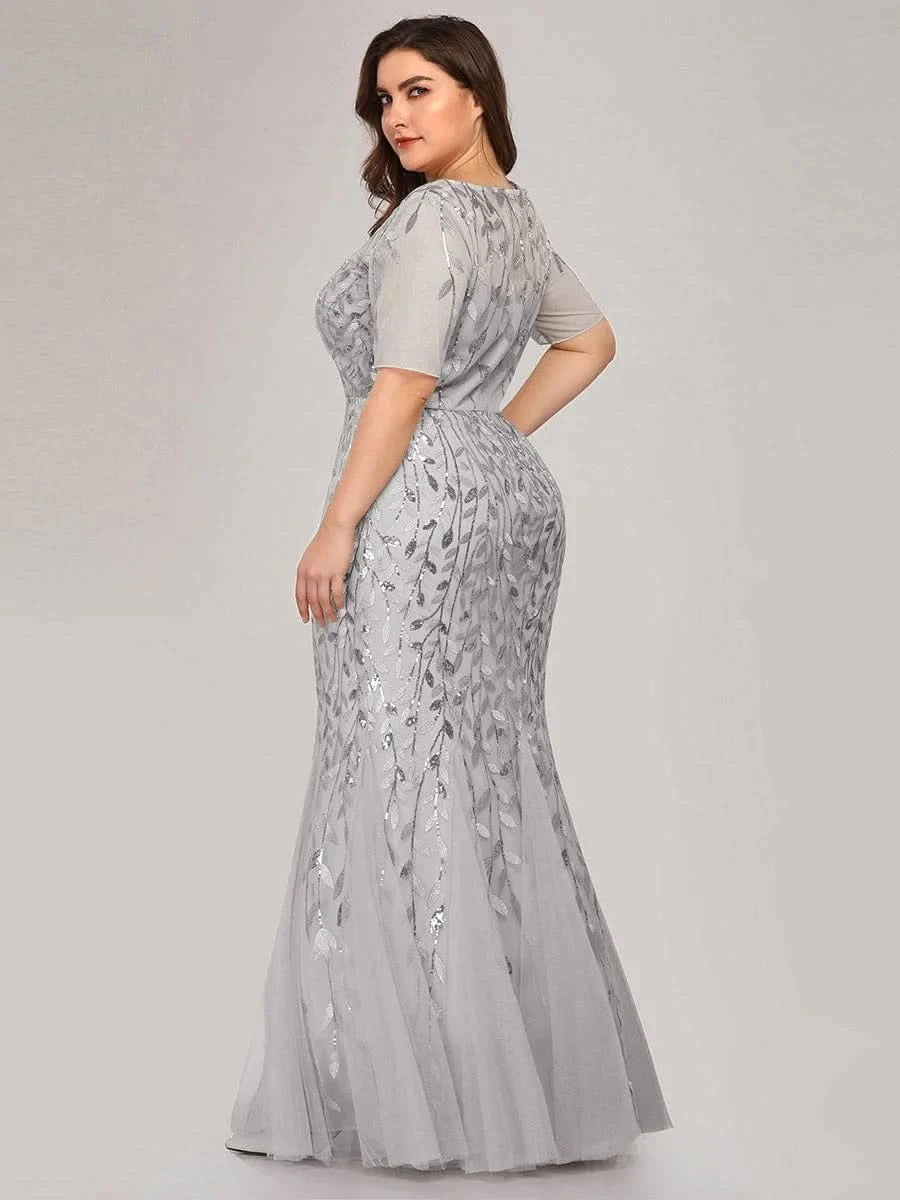 COLOR= Silver | Frauen Floral Pailletten Print Fishtail Tüll Kleider Ez07707-Silver 6