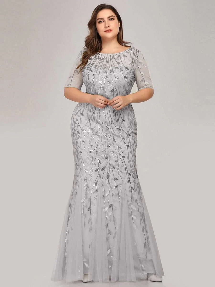 COLOR= Silver | Frauen Floral Pailletten Print Fishtail Tüll Kleider Ez07707-Silver 5