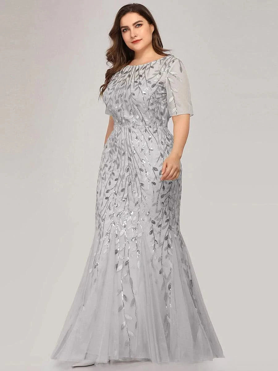 COLOR= Silver | Frauen Floral Pailletten Print Fishtail Tüll Kleider Ez07707-Silver 7
