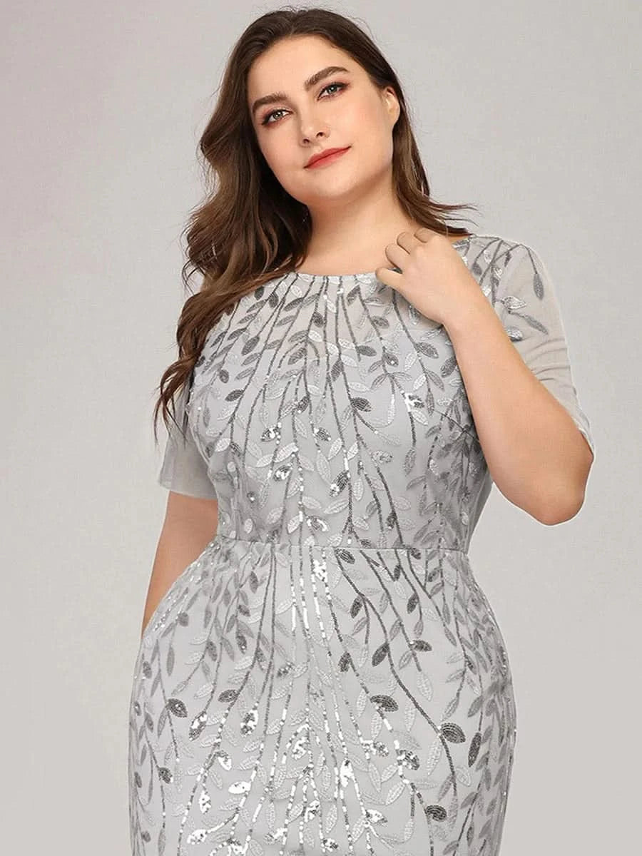 COLOR= Silver | Frauen Floral Pailletten Print Fishtail Tüll Kleider Ez07707-Silver 8