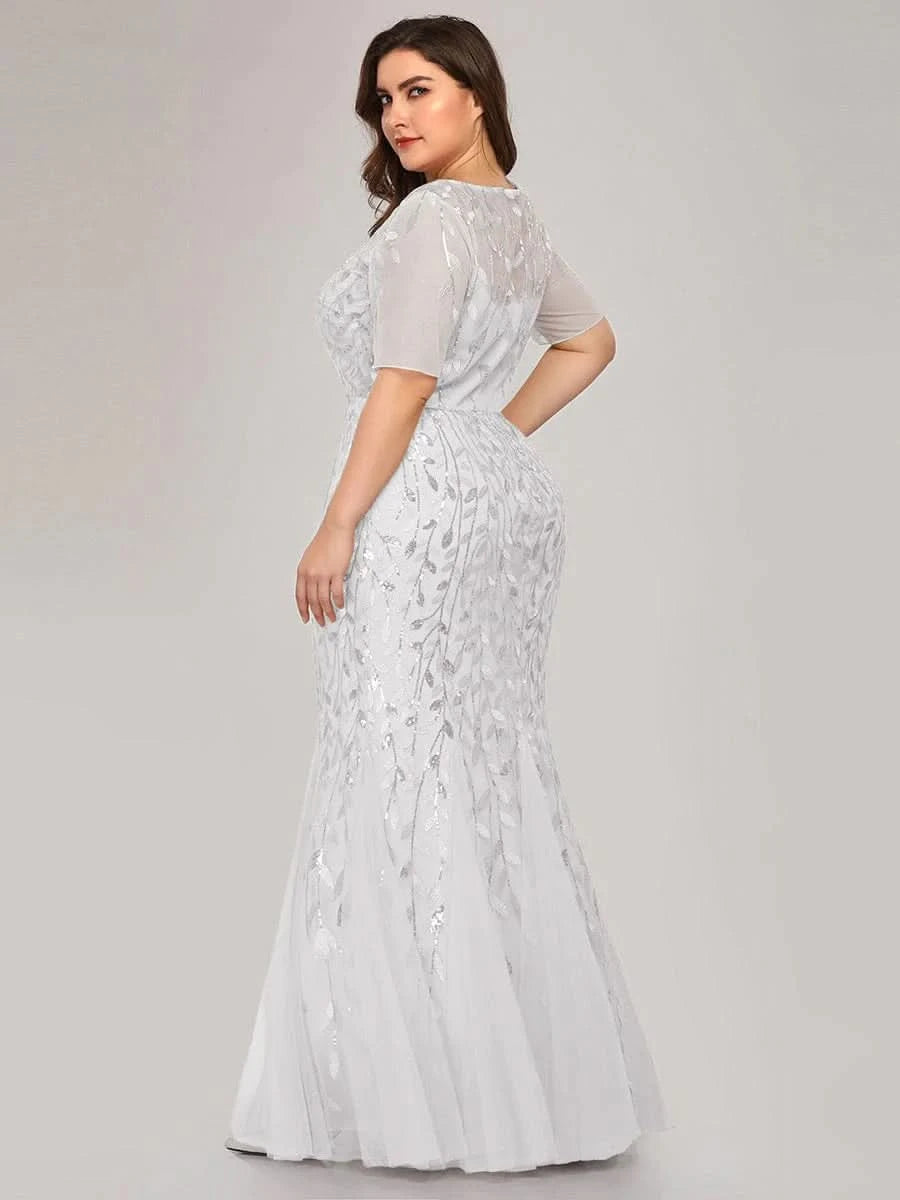 COLOR=Weiss | Frauen Floral Pailletten Print Fishtail Tüll Kleider Ez07707-Weiss 5