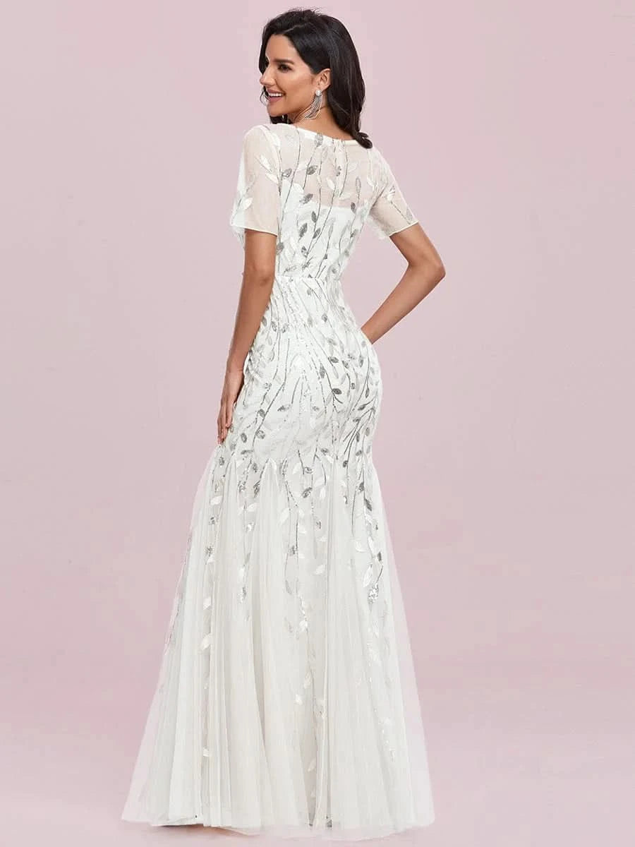 COLOR=Weiss | Frauen Floral Pailletten Print Fishtail Tüll Kleider Ez07707-Weiss 2