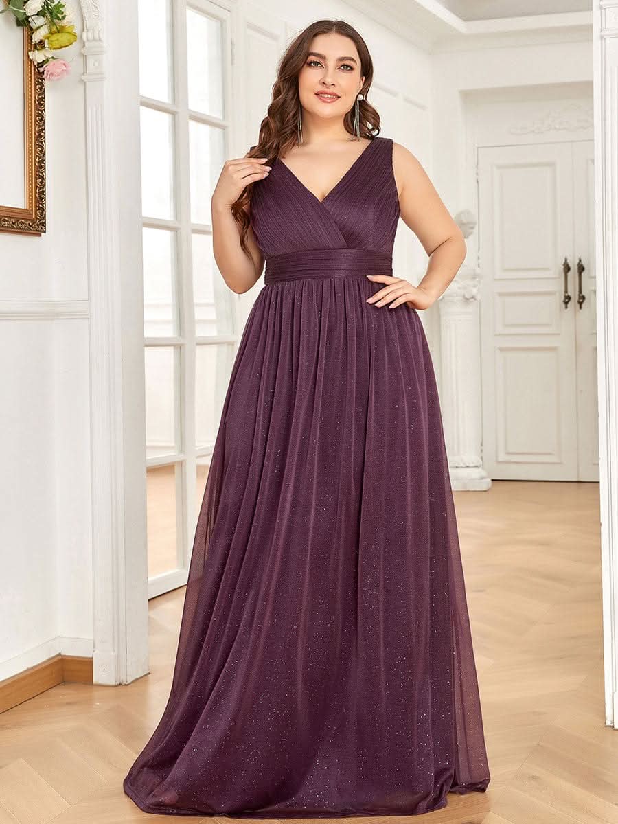 V-Ausschnitt Ärmelloses Chiffon A-Linie Lang Hochzeitsgast Kleider Große Größen #Farbe_Dunkel Violett