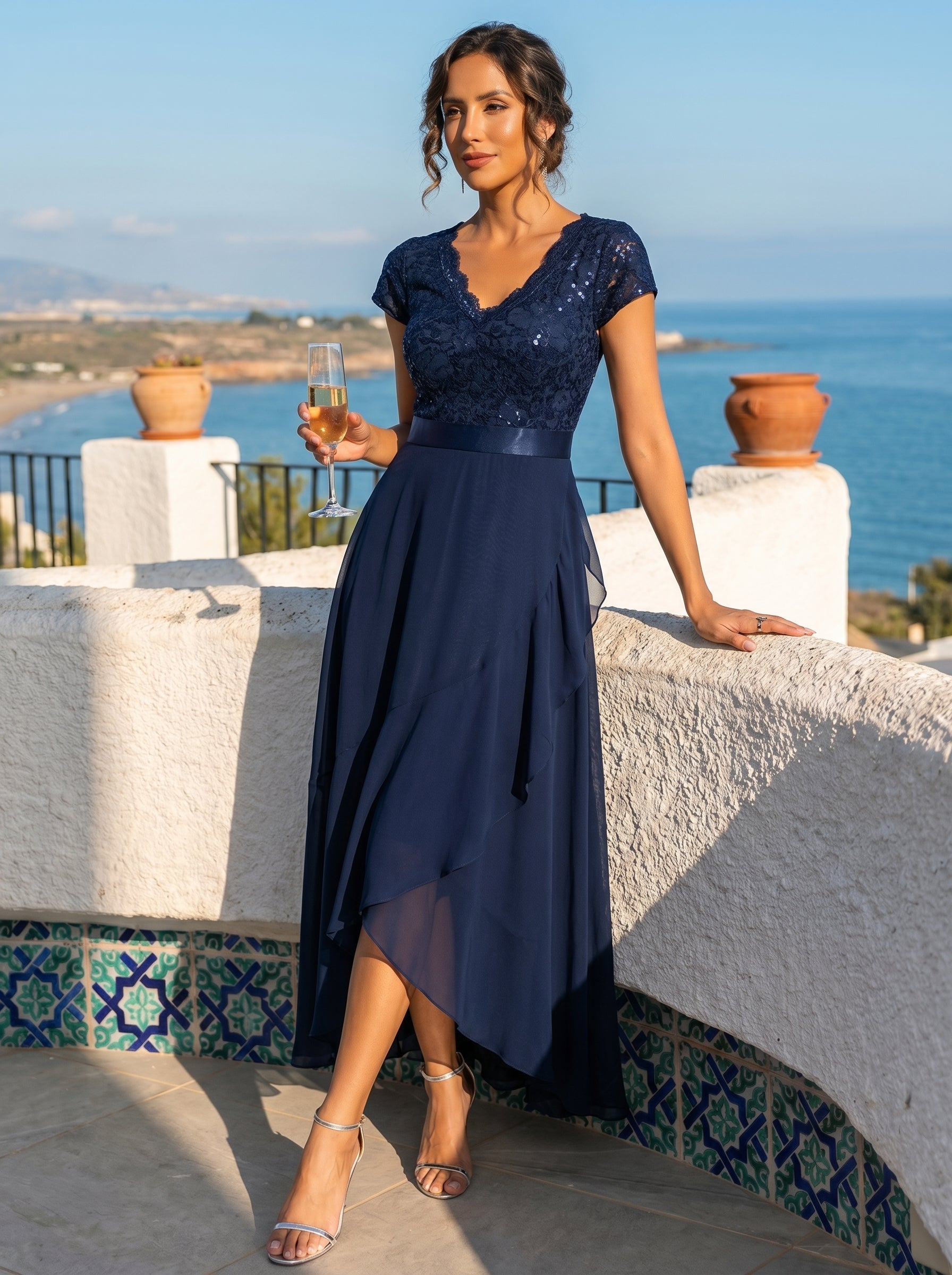 Asymmetrischer Saum, tiefer V-Ausschnitt, Chiffon-Kleid mit Rüschen-Patchwork – Hoch-Tief-Kleid #Farbe_Marineblau