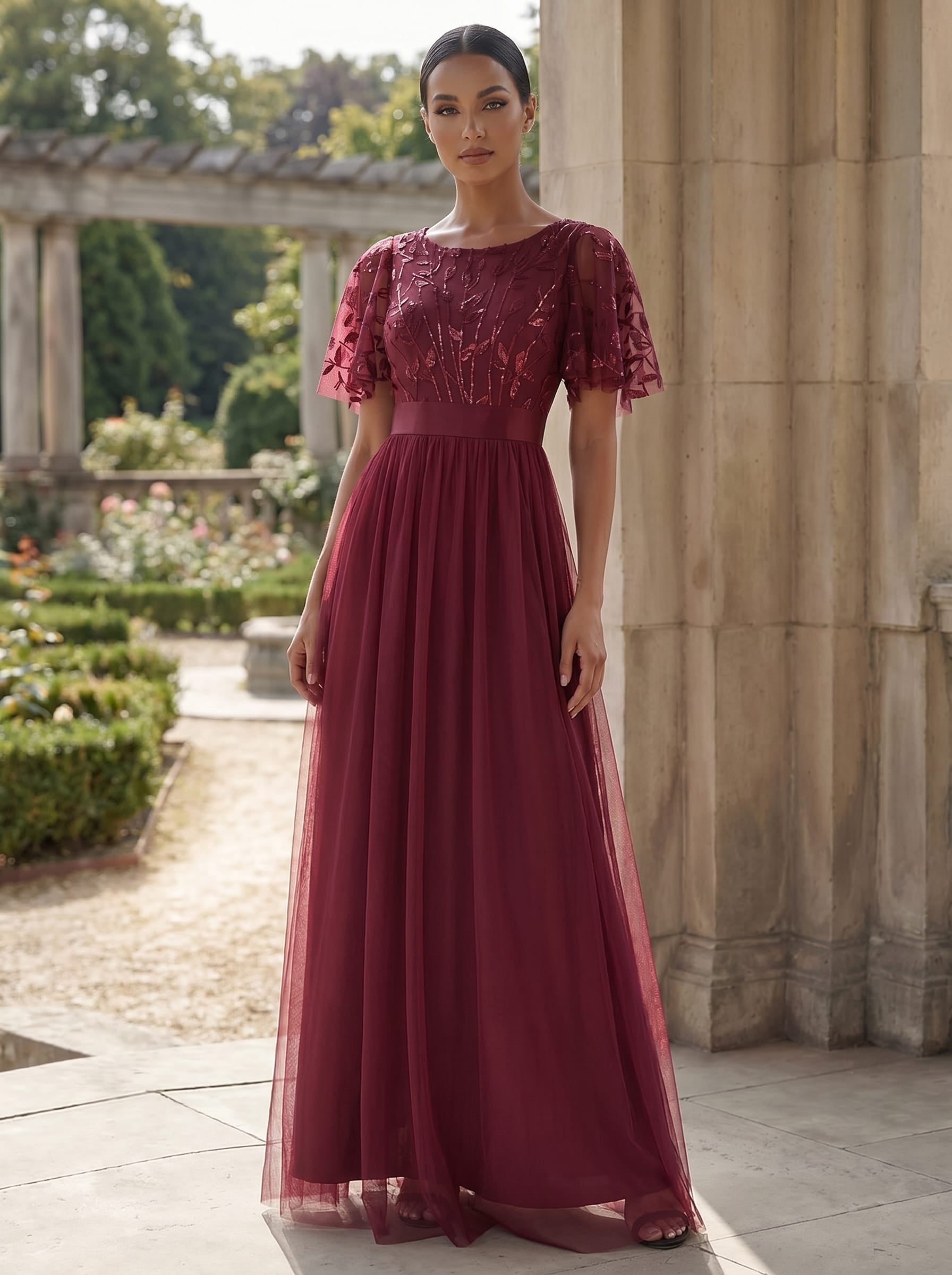 Damen A-Line Kurzarm Stickerei Bodenlanges Abendkleid #Farbe_Burgunderrot