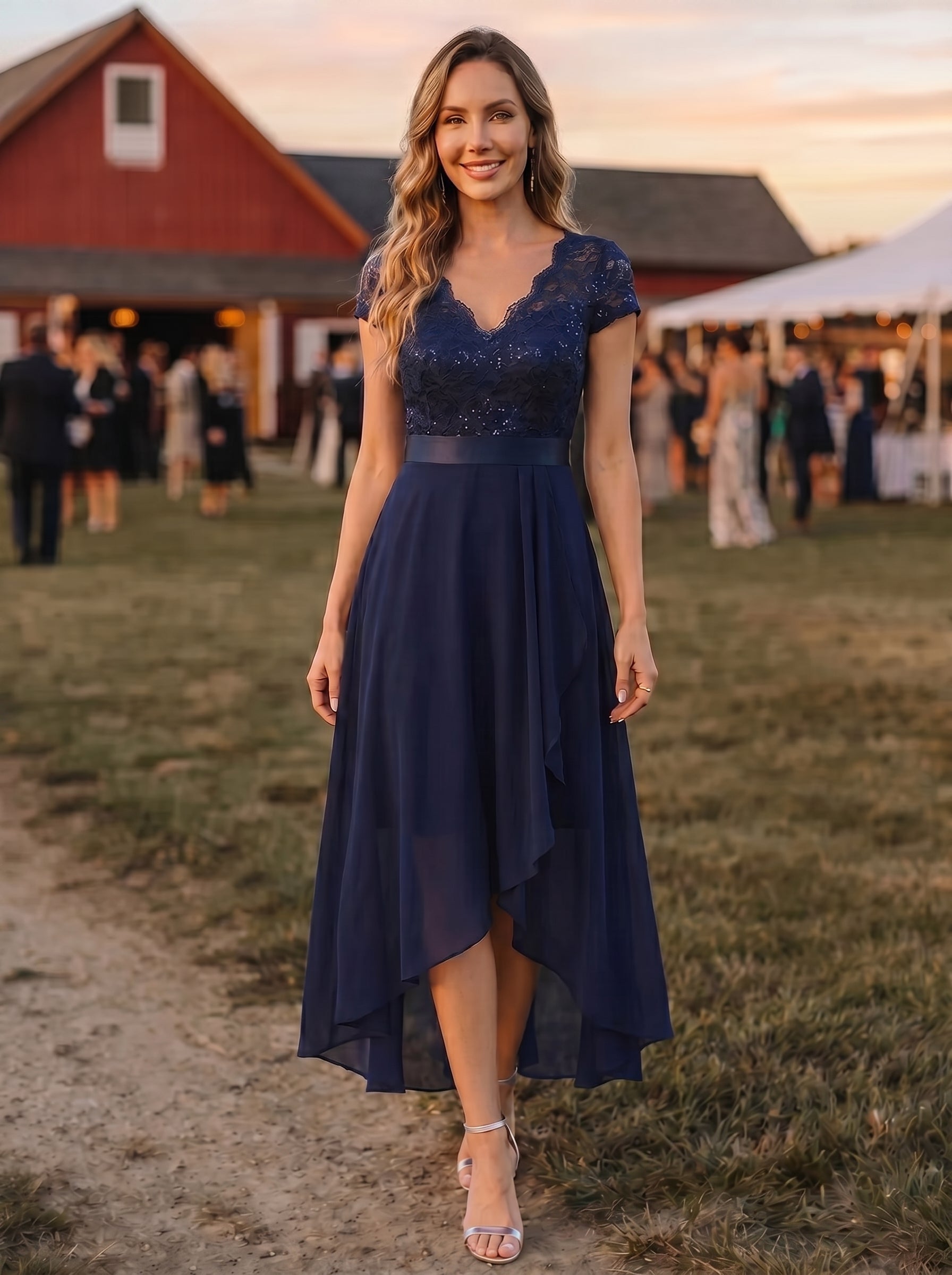 Asymmetrischer Saum, tiefer V-Ausschnitt, Chiffon-Kleid mit Rüschen-Patchwork – Hoch-Tief-Kleid #Farbe_Marineblau