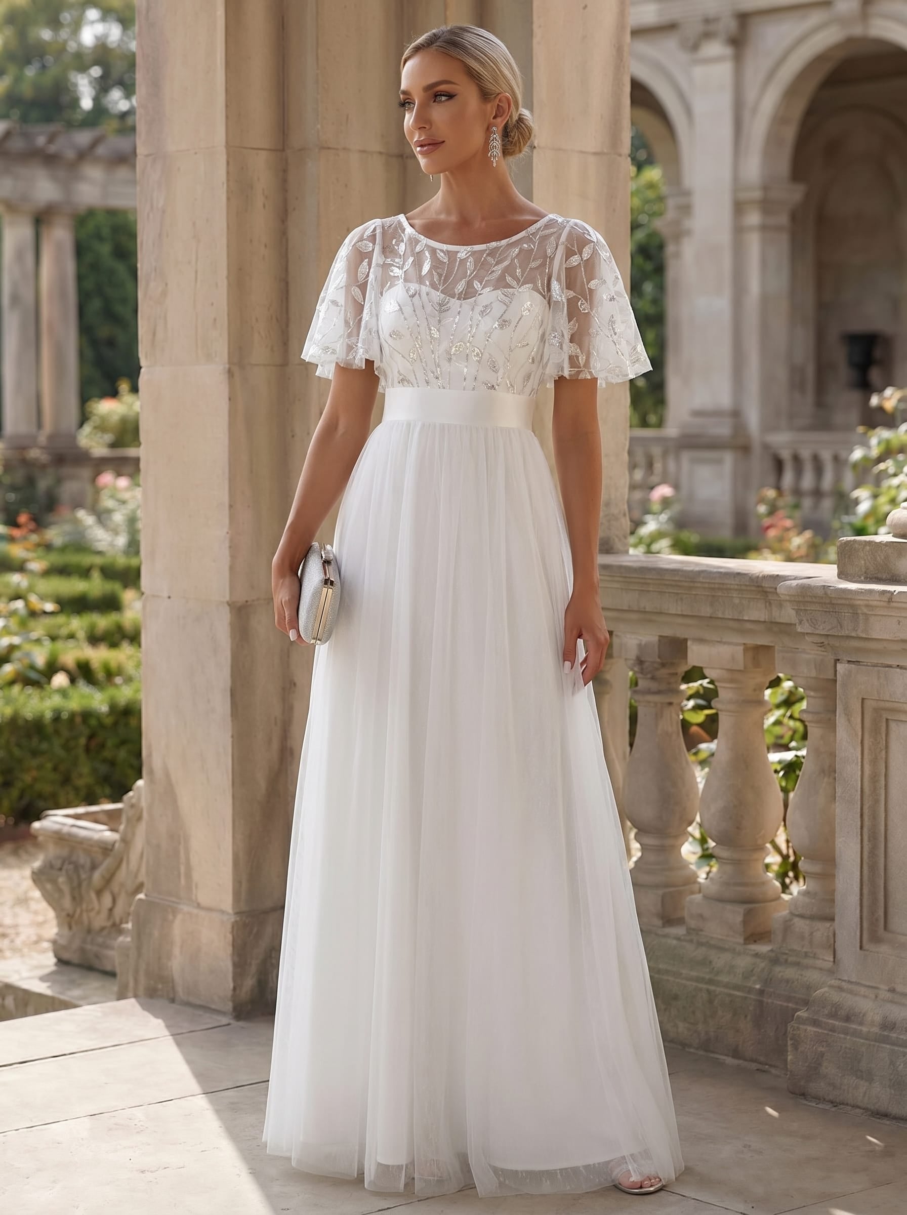 Damen A-Line Kurzarm Stickerei Bodenlanges Abendkleid #Farbe_Weiß