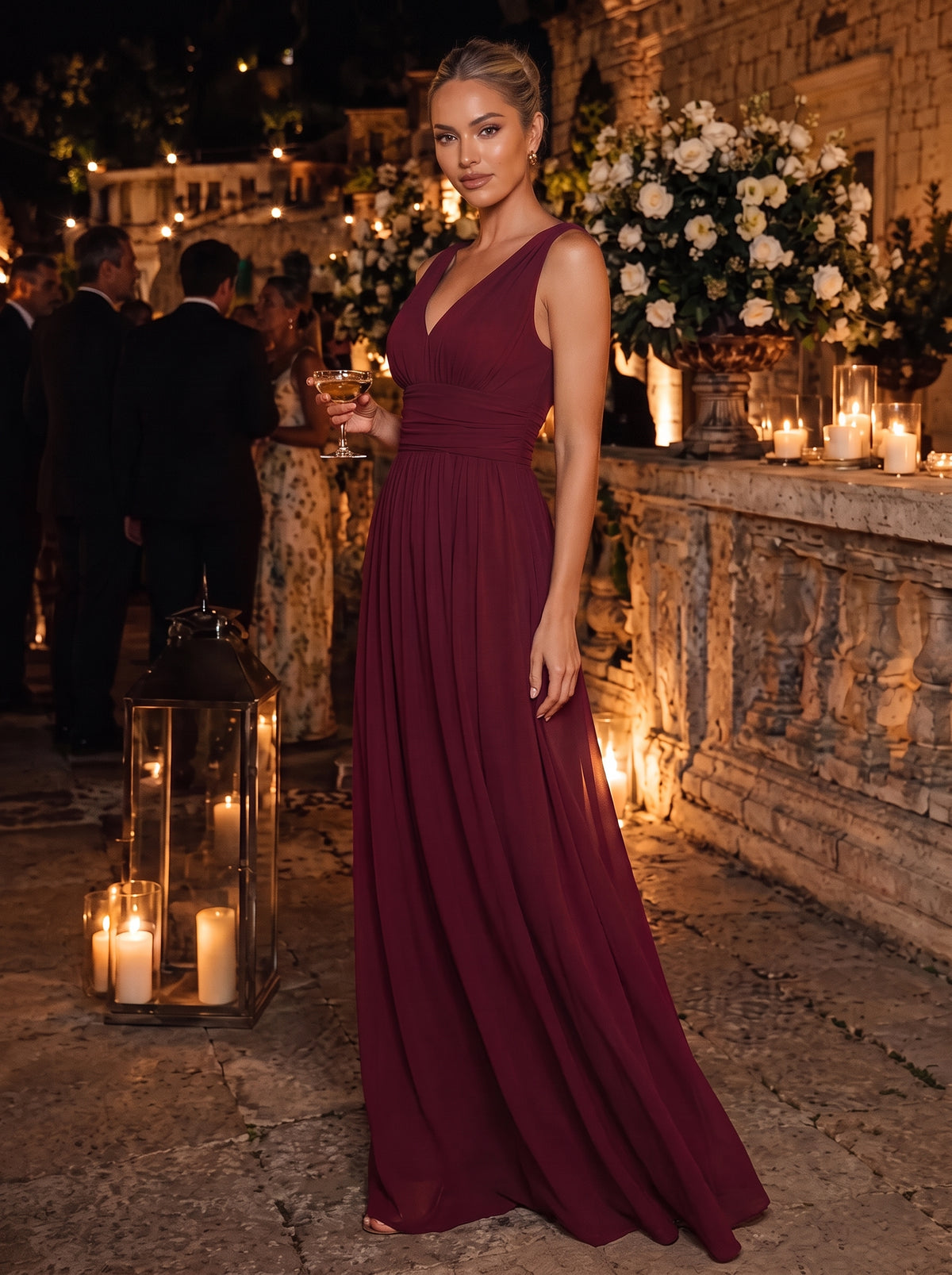 Damen V-Ausschnitt Lange Chiffon Abendkleider Festkleider 09016 #farbe_Burgunderrot