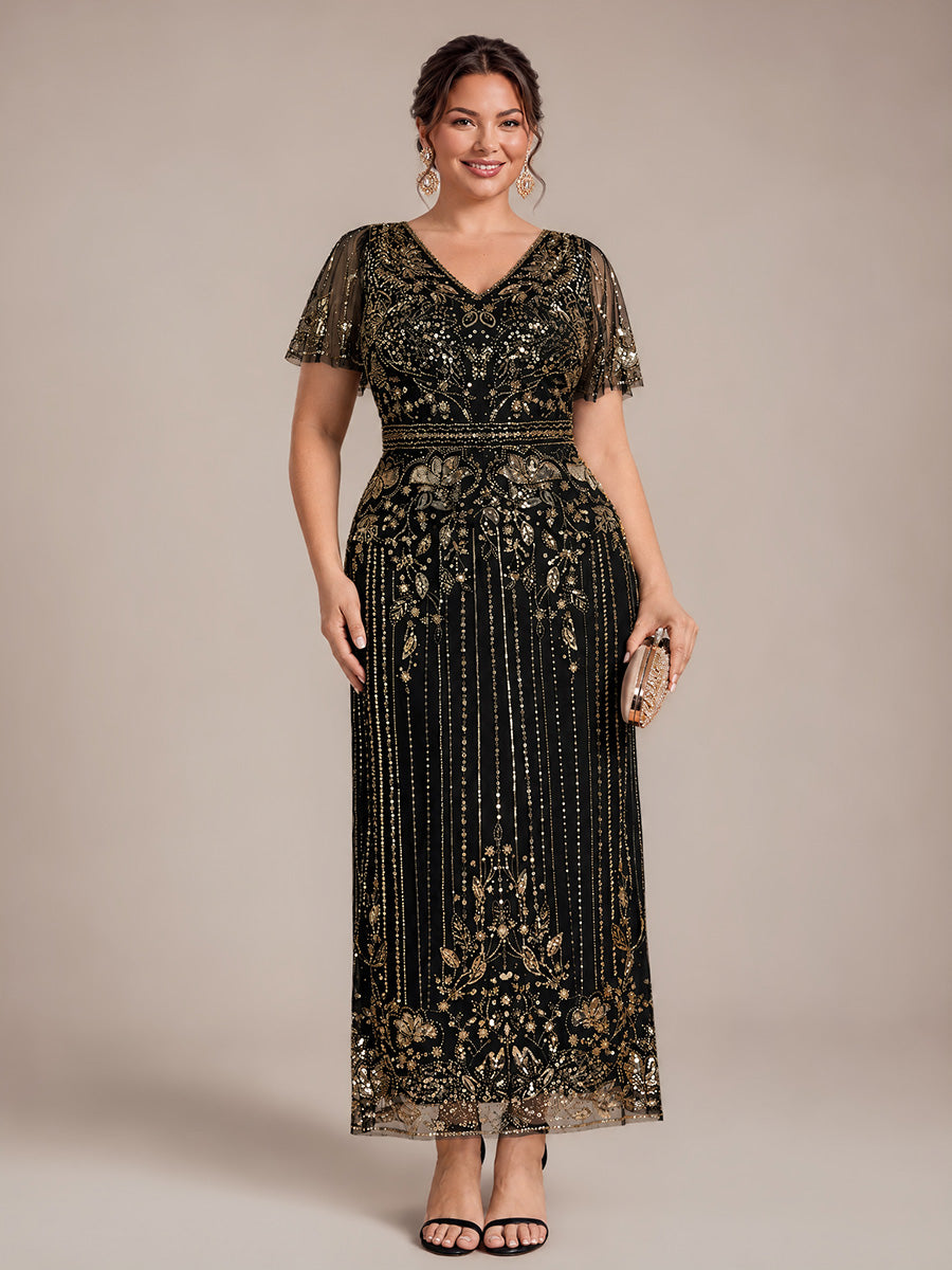 Tüll V-Ausschnitt Etui-Schnitt Volantärmel Reißverschluss hinten Kleid #Farbe_Schwarz & Gold
