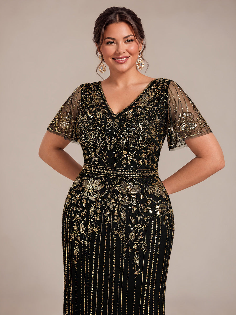 Tüll V-Ausschnitt Etui-Schnitt Volantärmel Reißverschluss hinten Kleid #Farbe_Schwarz & Gold