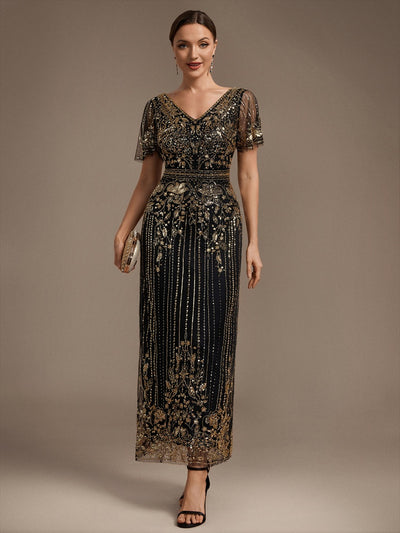 Tüll V-Ausschnitt Etui-Schnitt Volantärmel Reißverschluss hinten Kleid #Farbe_Schwarz & Gold