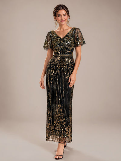 Tüll V-Ausschnitt Etui-Schnitt Volantärmel Reißverschluss hinten Kleid #Farbe_Schwarz & Gold